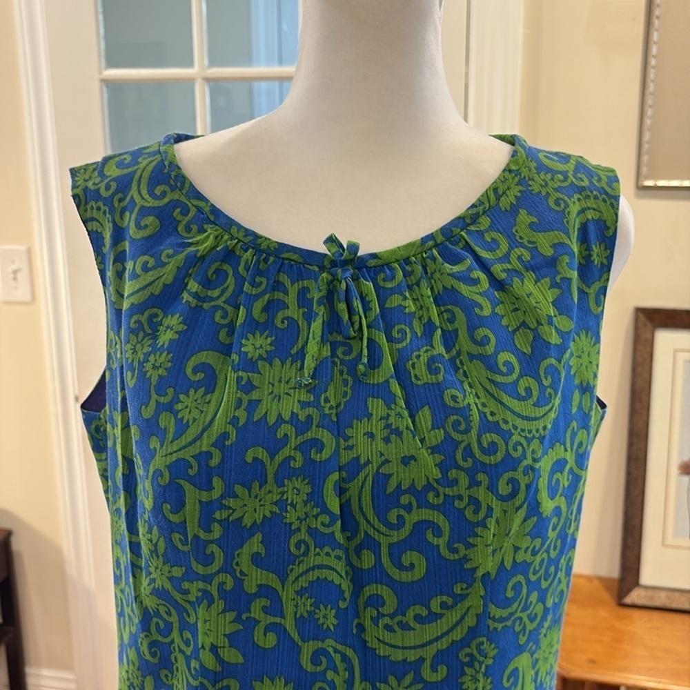 Vintage Eve Carver sleeveless dress. Dark blue with green design. Size M. - Picture 2 of 8